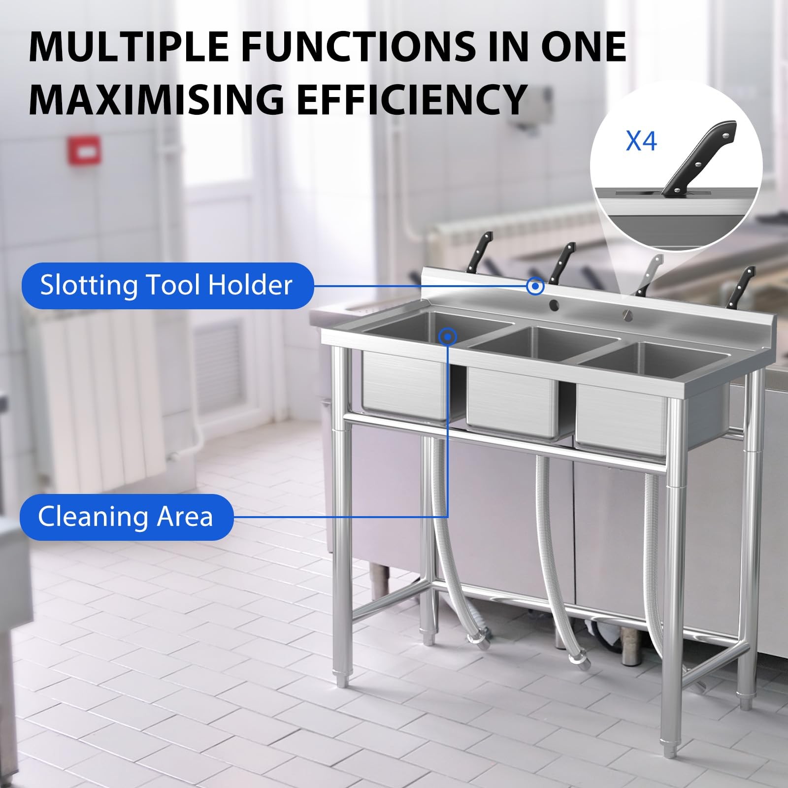 Freestanding 3-Compartment NSF Sink | Stainless Steel, Commercial Grade