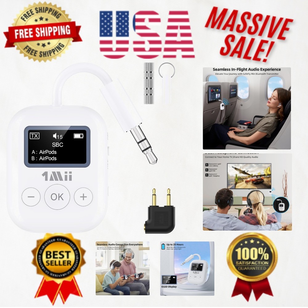 SafeFly Min 3.5mm Bluetooth Transmitter - Dual Device Connection, 25 Hours Use