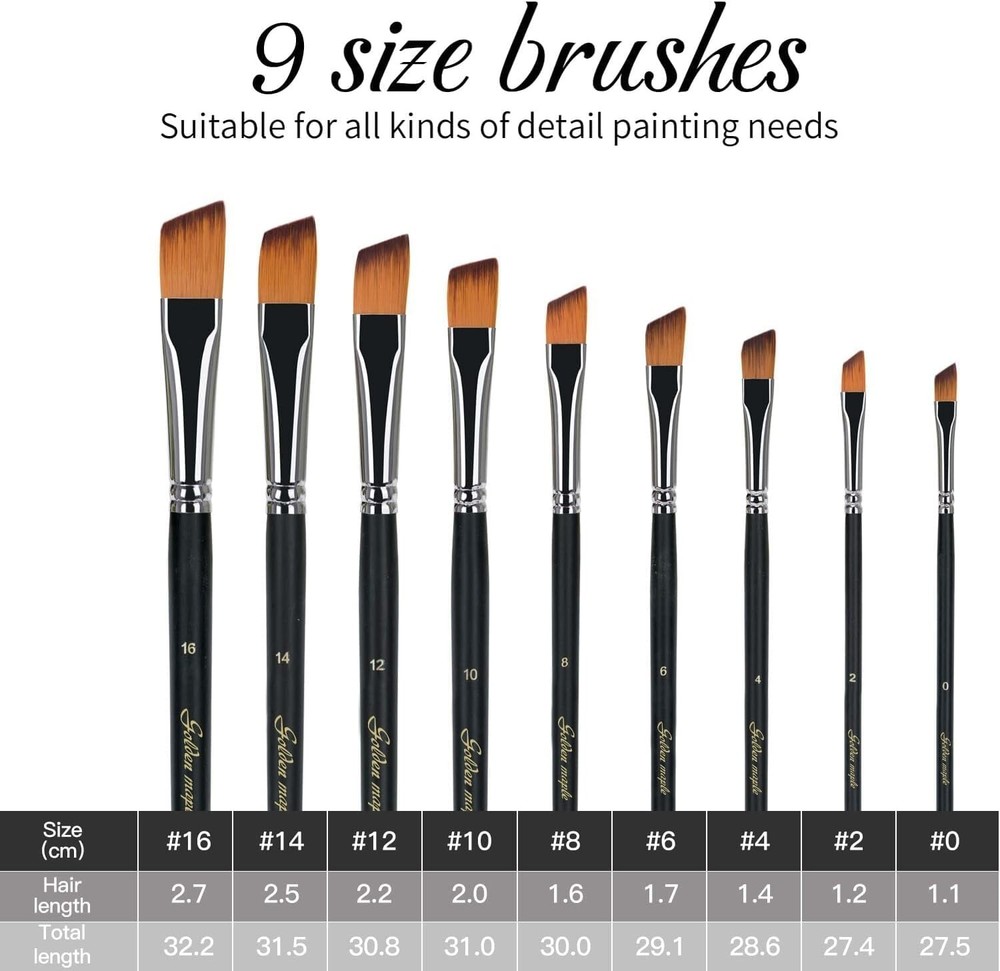 Angular Paint Brush, 9PC Oblique Tip Nylon Hair Long Handle Angled Paint Brus...