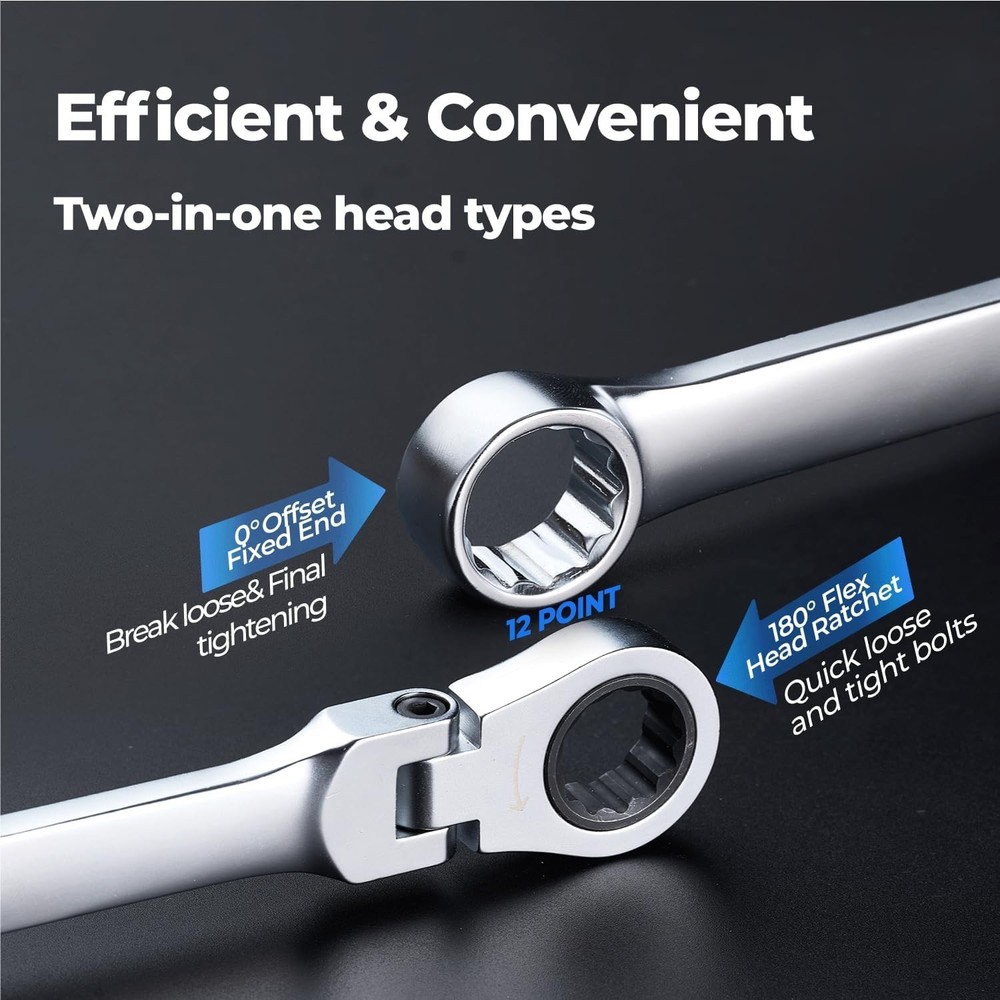 Extra Long Ratcheting Wrench Set, Flex Head & Fixed Offset Head Double Box