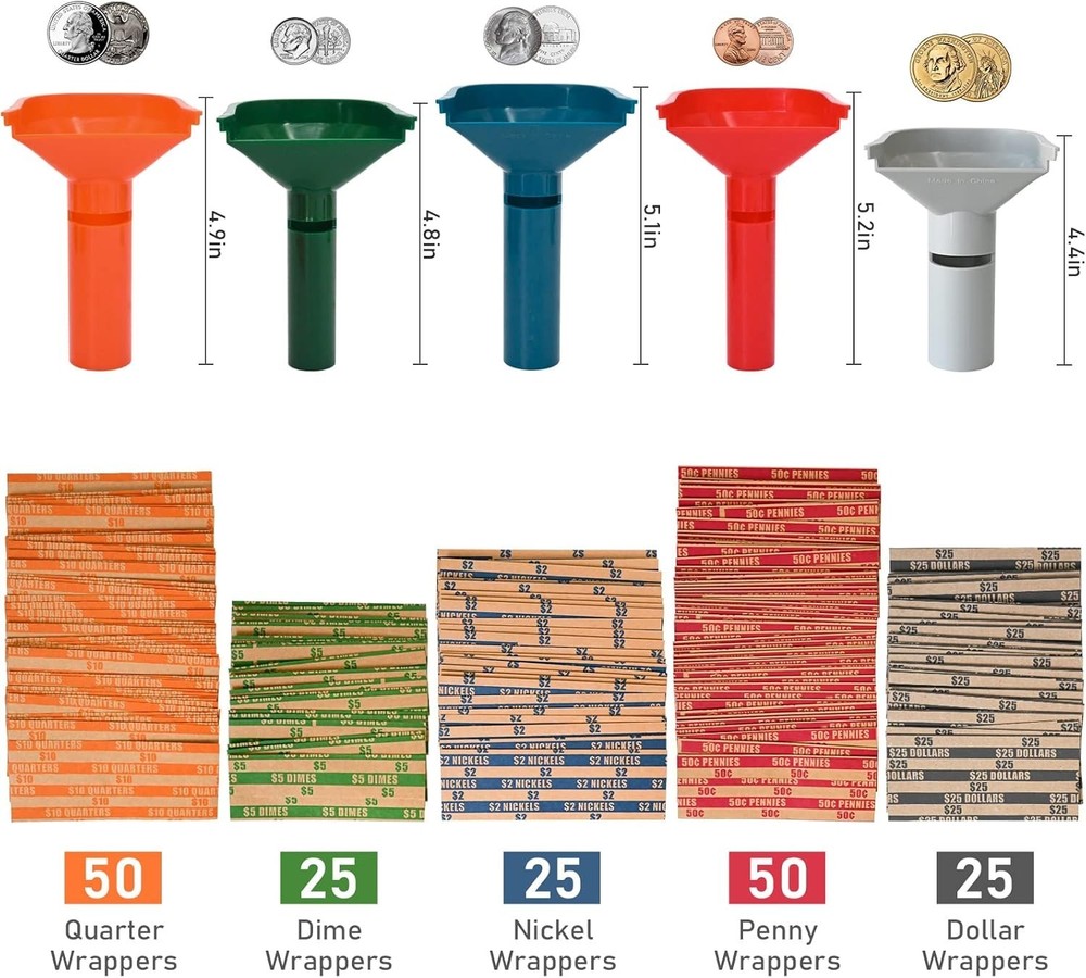 Complete Coin Sorting Solution: 175 Assorted Wrappers & 5 Color-Coded Tubes