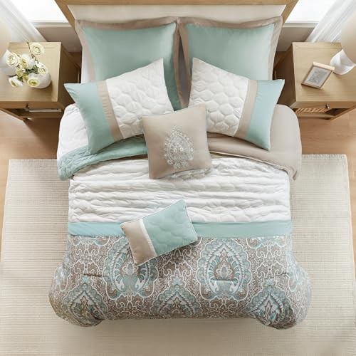 Luxe Quilted Comforter Set Modern California King Scrollwork Seafoam
