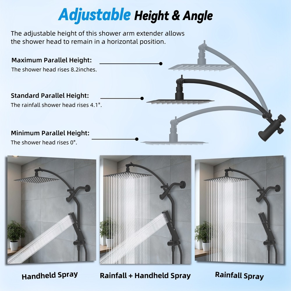 High Pressure Rainfall Shower Head Combo with Slide Bar Adjustable Height Black