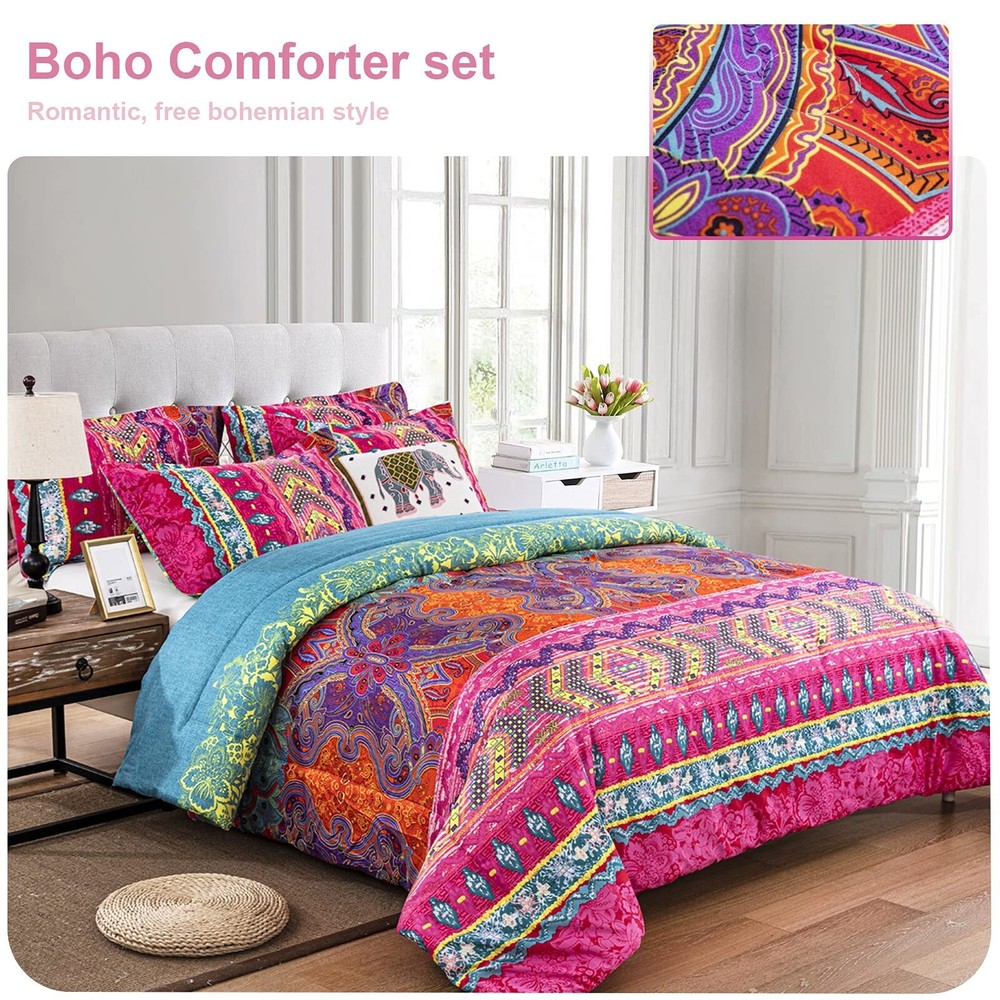 WONGS BEDDING Bohemain Comforter Set King, Microfiber Reversible Boho Alterna...