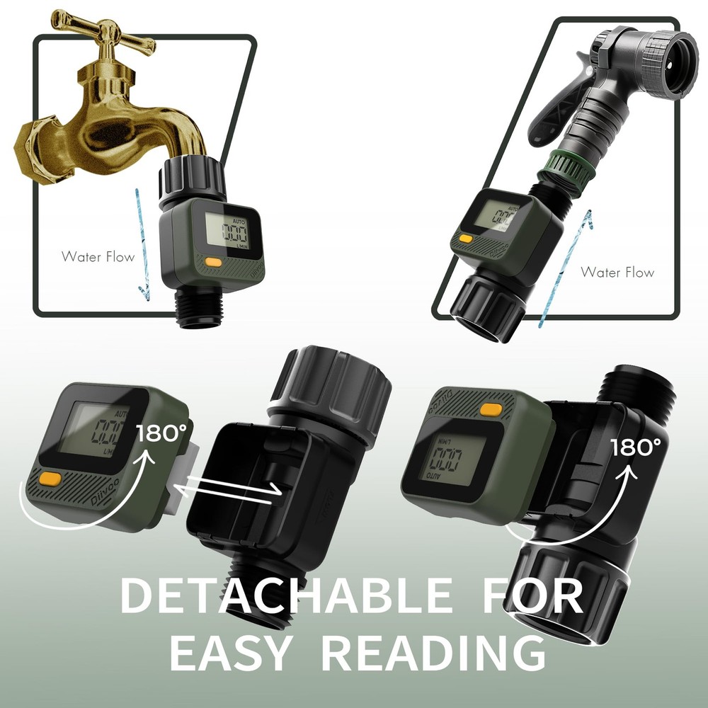 Water Flow Meter with 180° Removable Panel, 4 Measure Modes, ±5% High Accurac...
