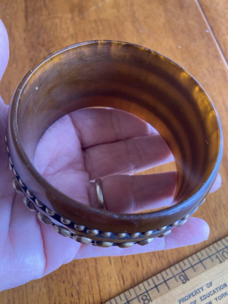 Vintage Brass Studded Rootbeer Bakelite Chunky Bangle Not Tested