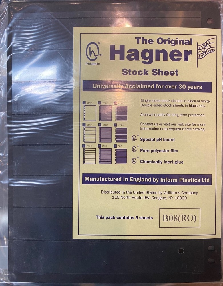 HAGNER STOCK SHEETS SINGLE SIDE #B08 BLACK EIGHT ROW 5 PACK FREE SHIPPING !!