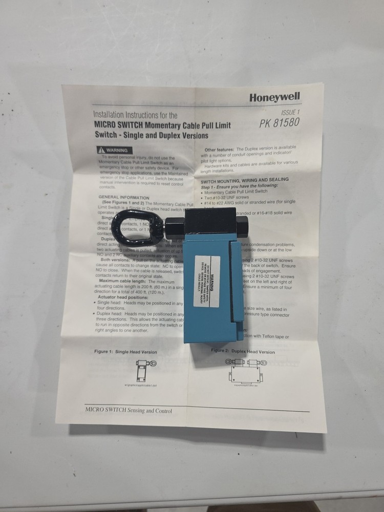 Honeywell CLSB3B-3 Micro Switch PULL CABLESwitch Operator MOMENTARY