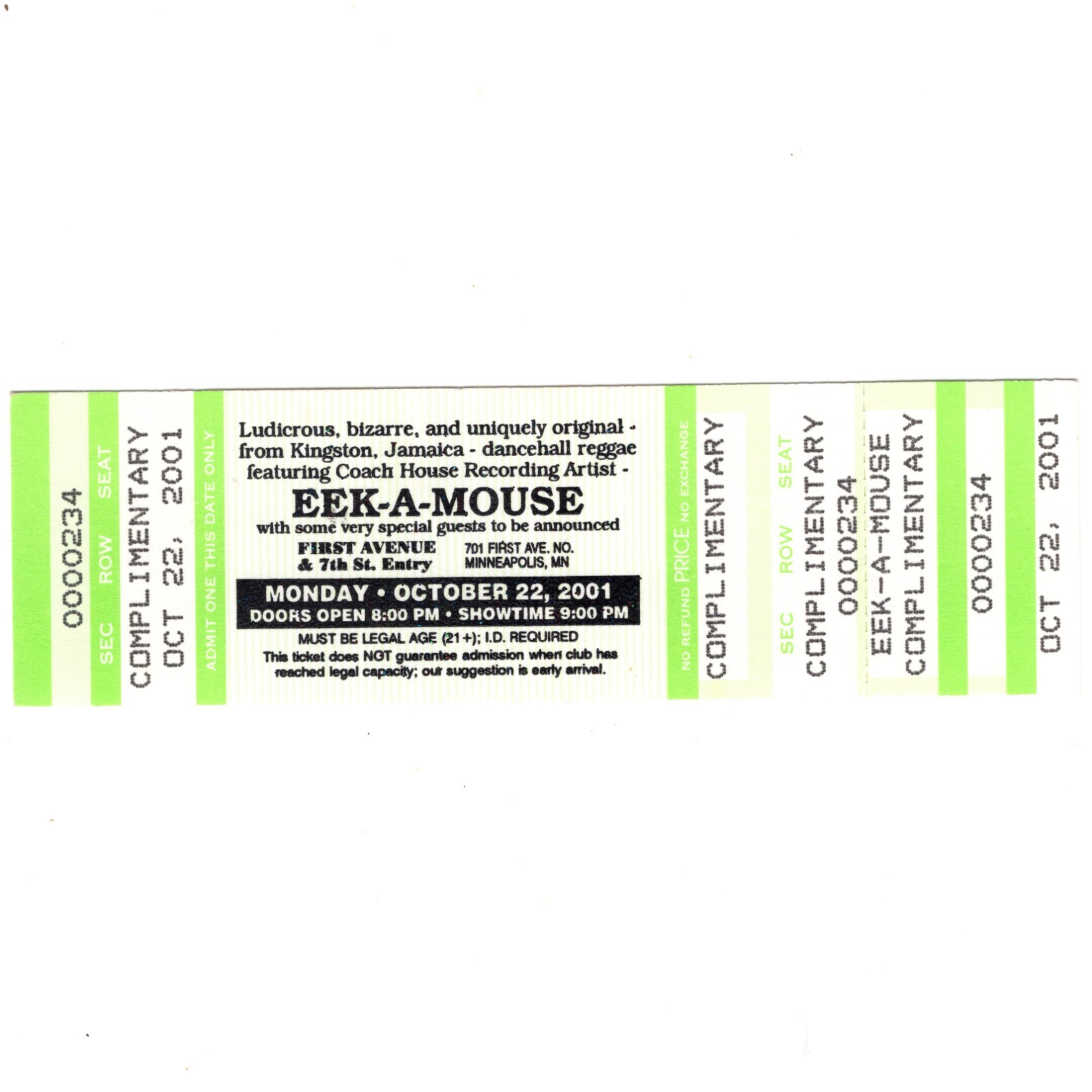 EEK-A-MOUSE Concert Ticket Stub MINNEAPOLIS MN 10/22/01 FIRST AVENUE REGGAE Rare
