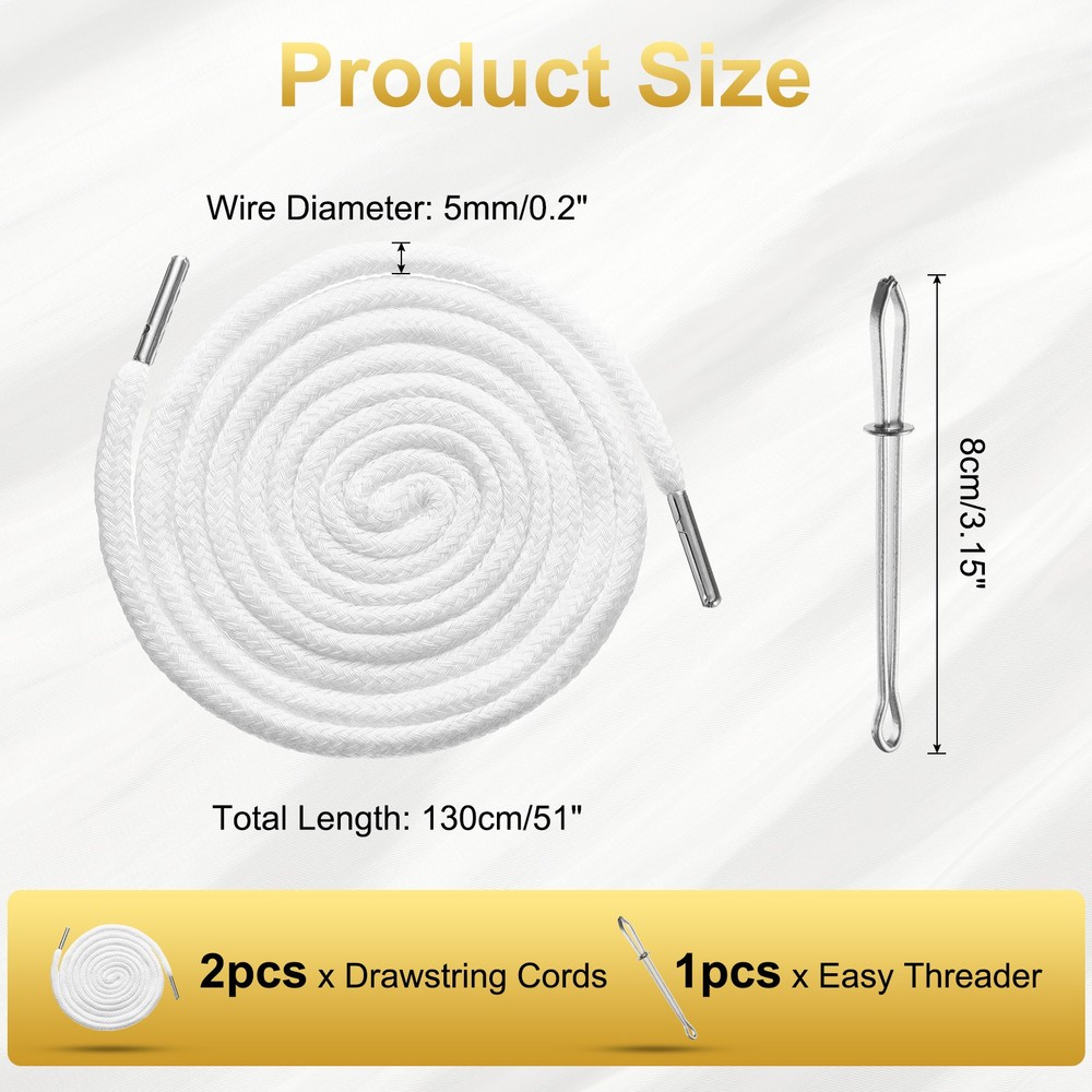 2pcs Drawstring Cords 51" Replacement Drawstring with Threader White