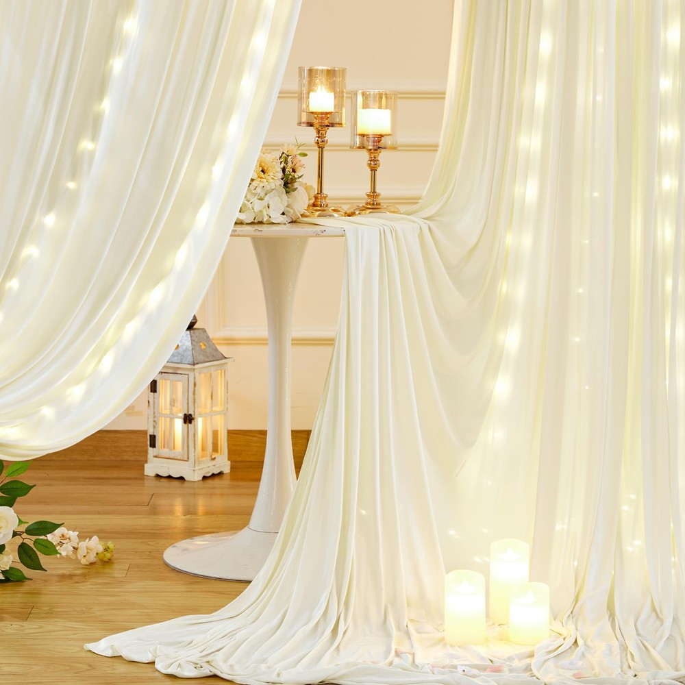 10 x 10ft Ivory Backdrop Curtains with Lights String Wrinkle-Free Polyester C...