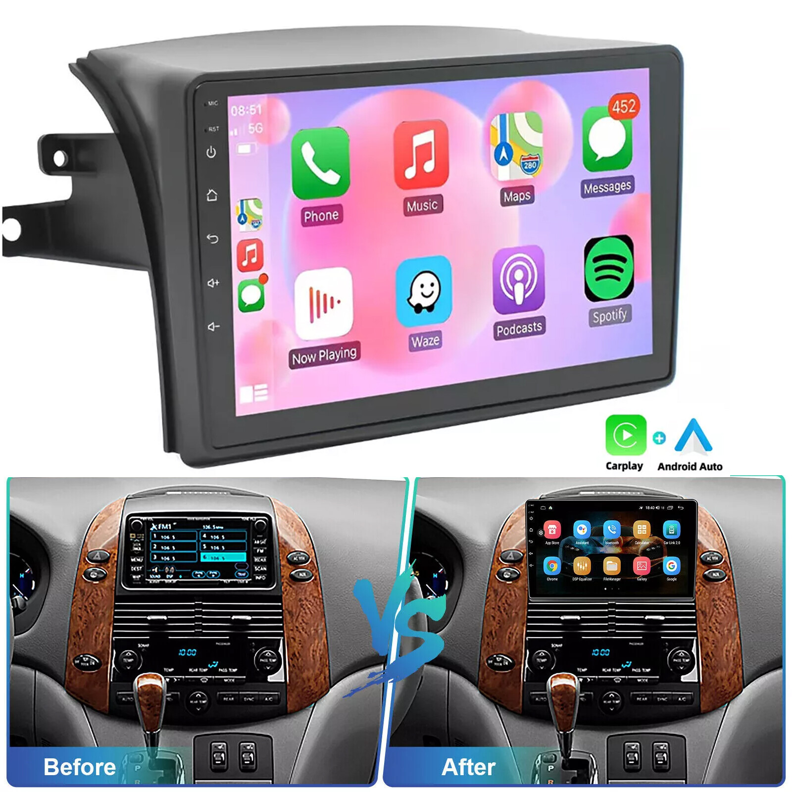 Android 13 Apple CarPlay For Toyota SIENNA 2004-2010 Car Stereo Radio GPS Navi