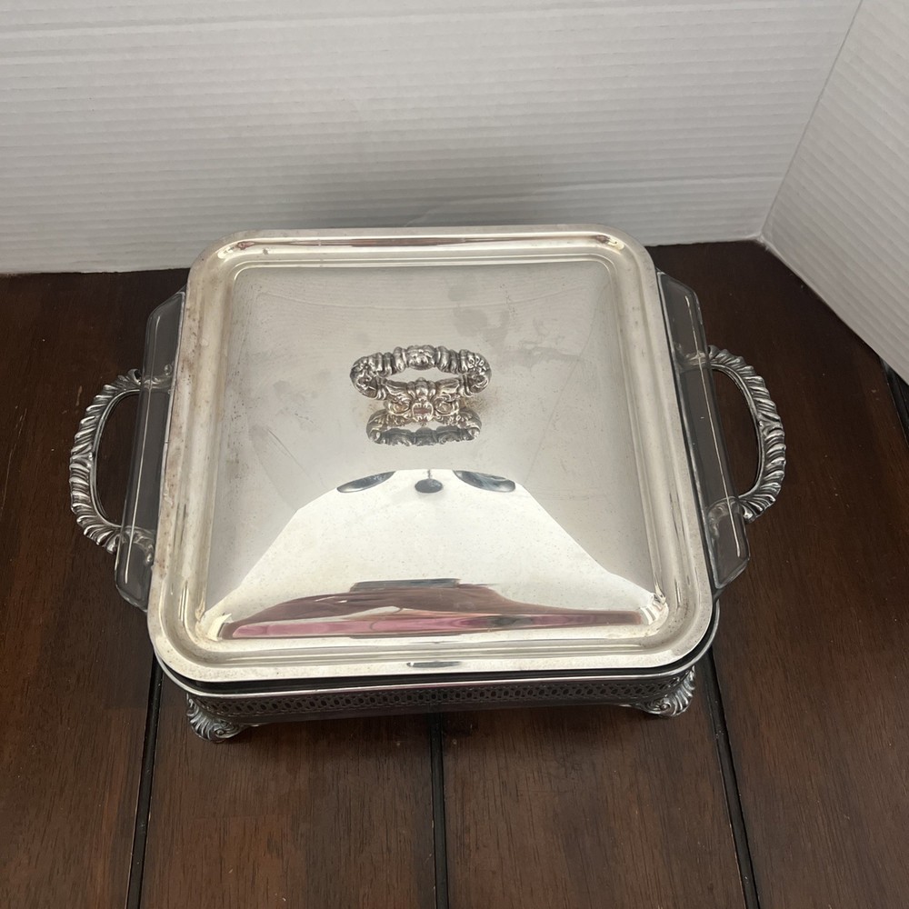 VTG Double Handle Silverplate Buffet Server w/Lid & Glass Baking Dish
