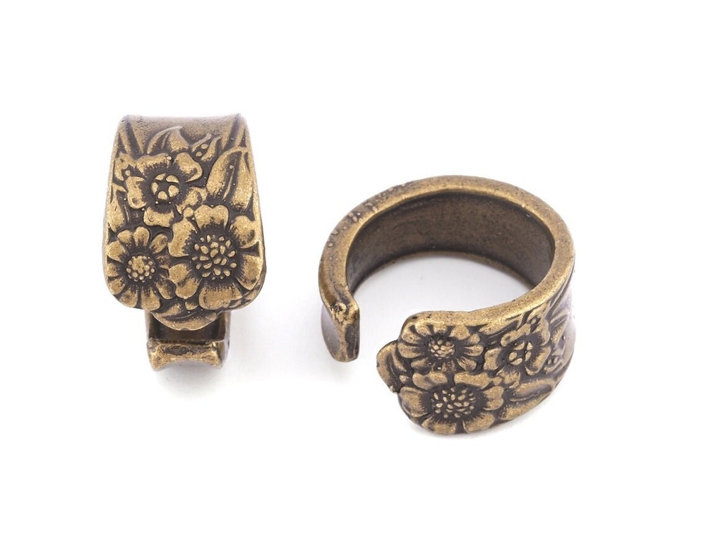 Spoon Ring Flower Patterned Adjustable Ring Antique Bronze Plated Brass 8Us 2543
