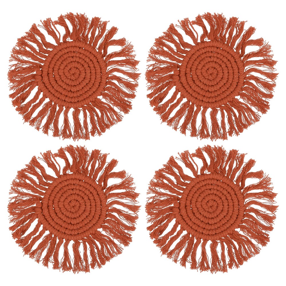 4Pcs Boho Coasters, Woven Drink Coasters with Tassel, Brick Red
