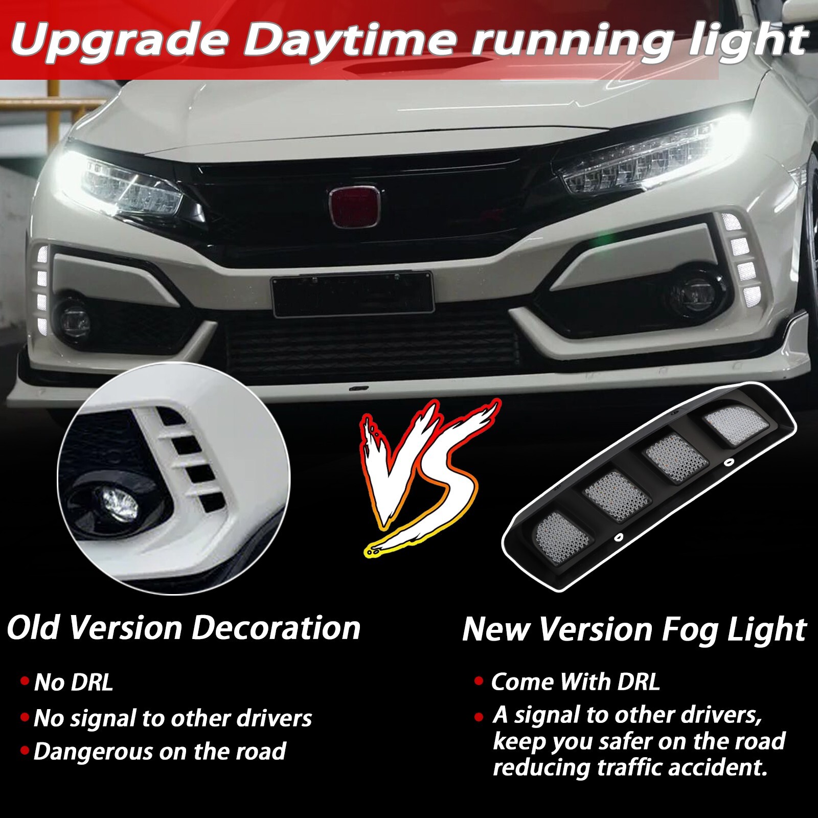 LED DRL Daytime Running Light Front Fog Lamp For Honda Civic Type R 2016-2020