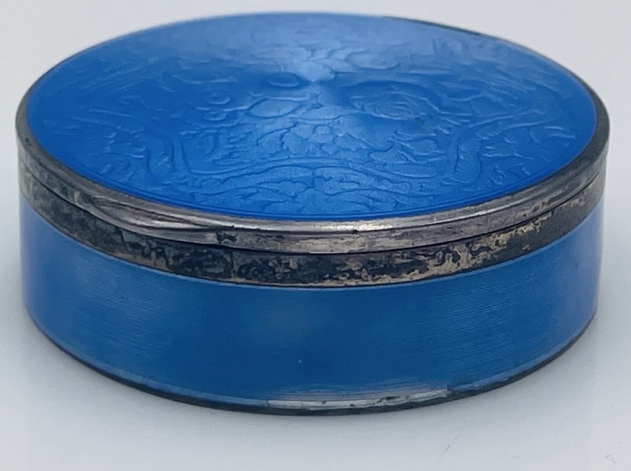 Antique 935 Sterling Silver Blue Enamel Guilloche Box