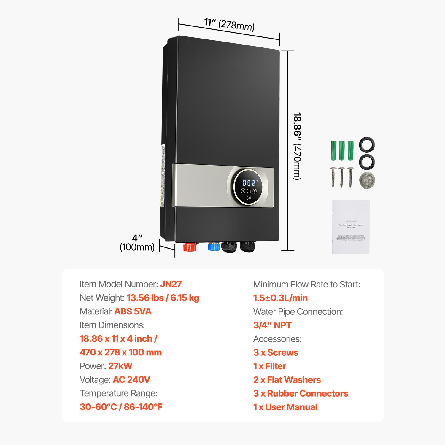 27KW Instant Hot Tankless Water Heater Electric Boiler for Shower Bathroom