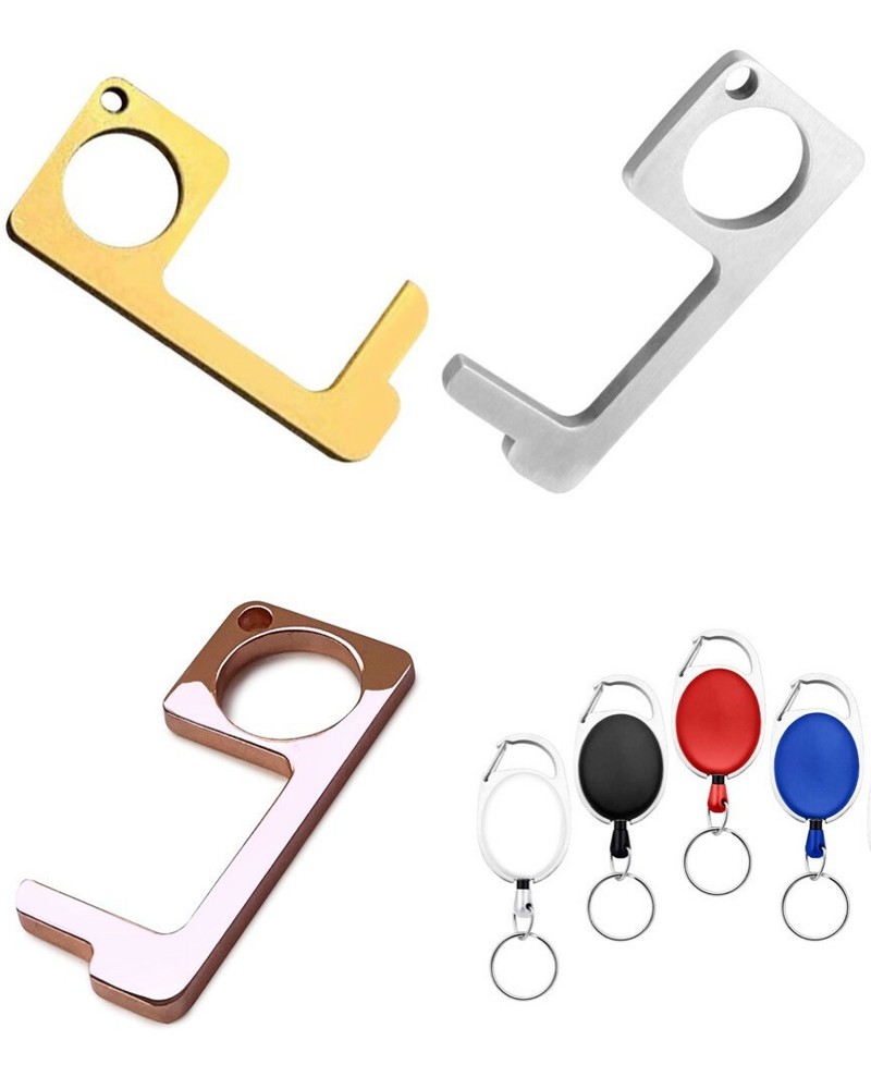 Contactless Brass Door Opener W/ Retractable Pull Reel Stepnpull Keychain BLACK