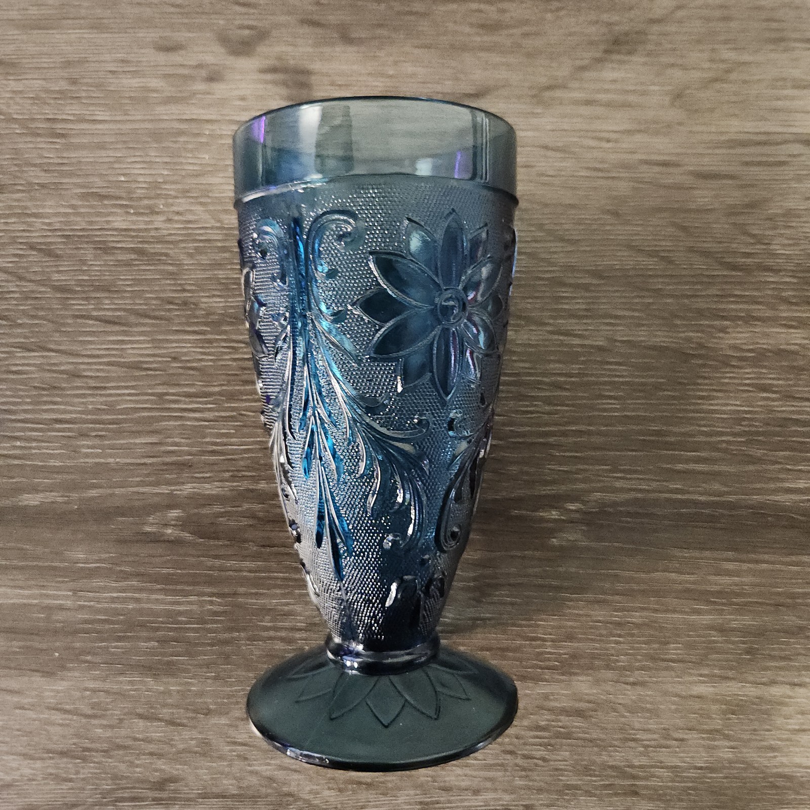 Indiana Glass Tiara Sandwich Bicentennial Colonial Blue Iced Tea Footed Tumbler