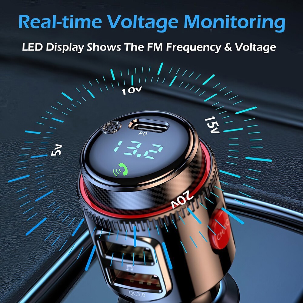 2-in-1 Wireless Bluetooth FM Transmitter & Fast Car Charger-QC3.0/PD,MP3 Player