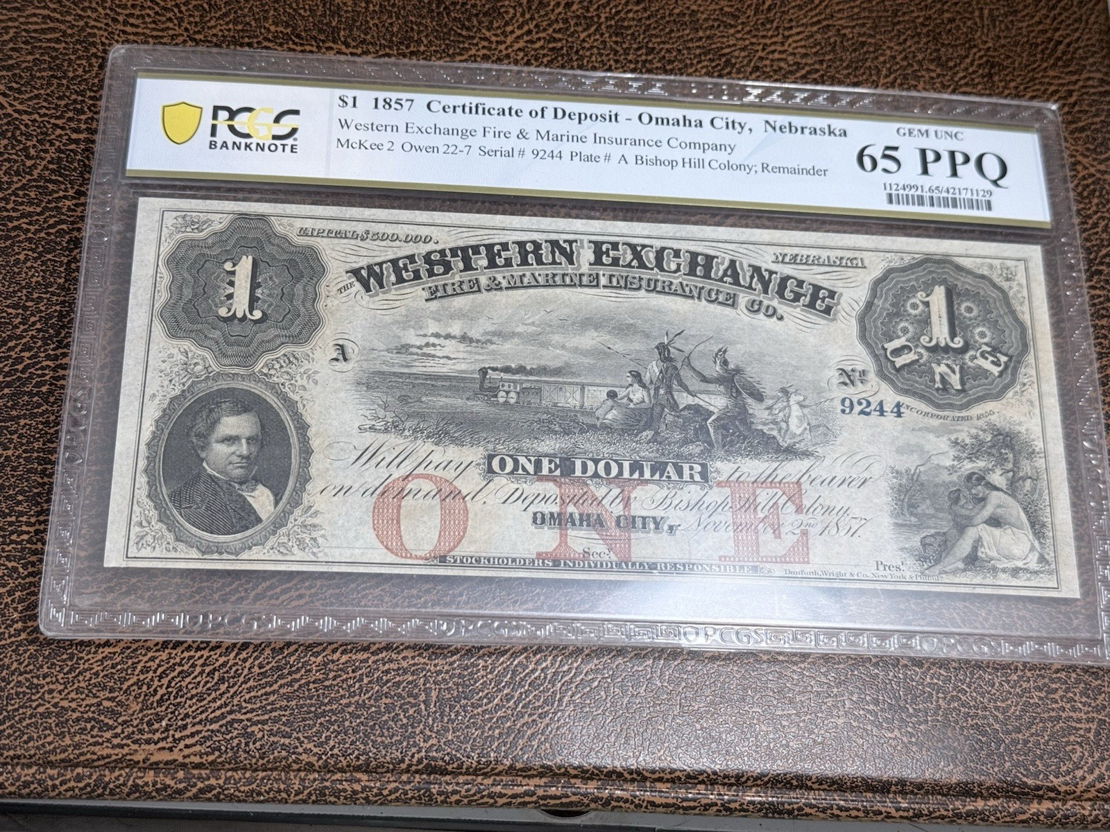 1857 $1 Certificate of Deposit, PCGS 65PPQ, Rare in this grade, Free Shipping