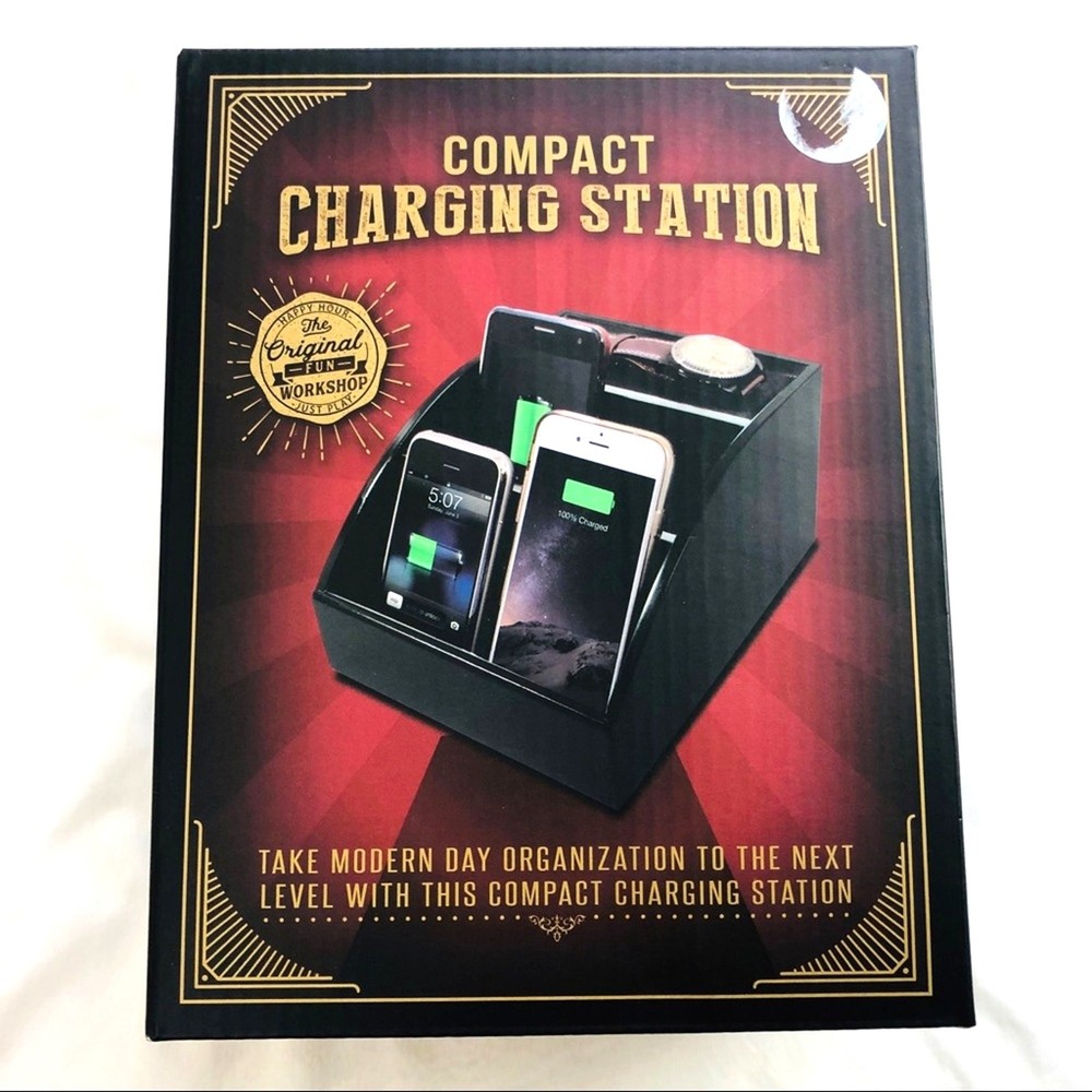 NIB Black Compact Charging Station Organize Multiple Devices HInged Back Panel