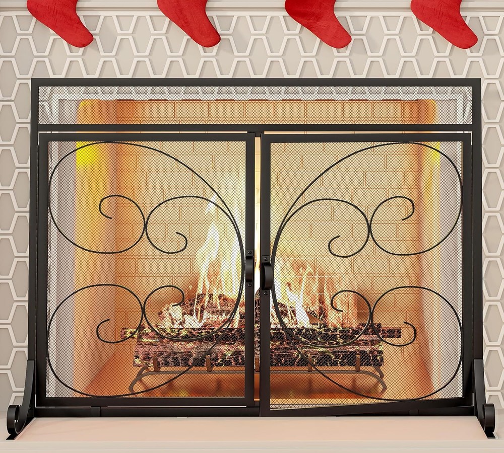 Flat Fireplace Screen Hinged Doors Handcrafted Wrought Iron Classical Scroll