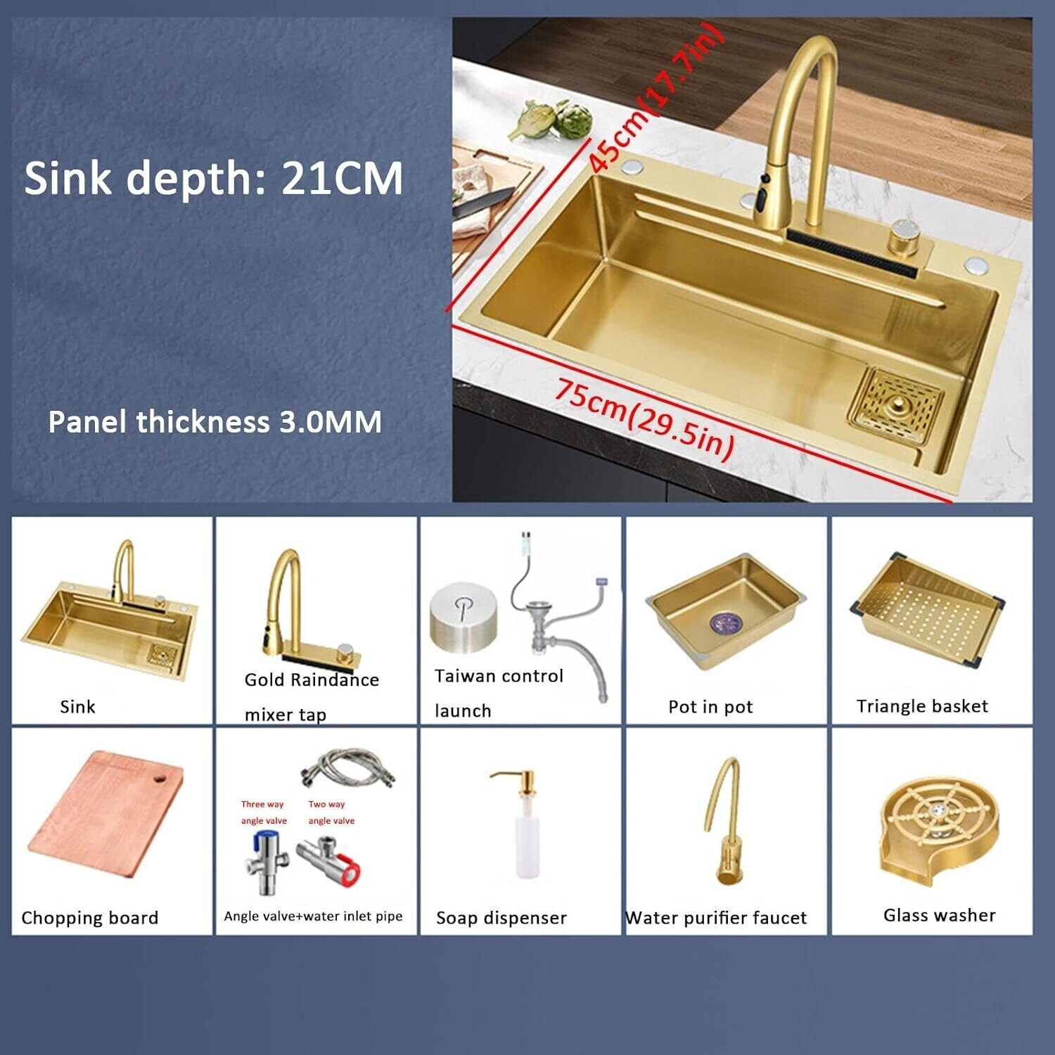 Flying Rain Stainles Steel Watefall Kitchen Sink w PullDown Faucet Gold 29.5INCH