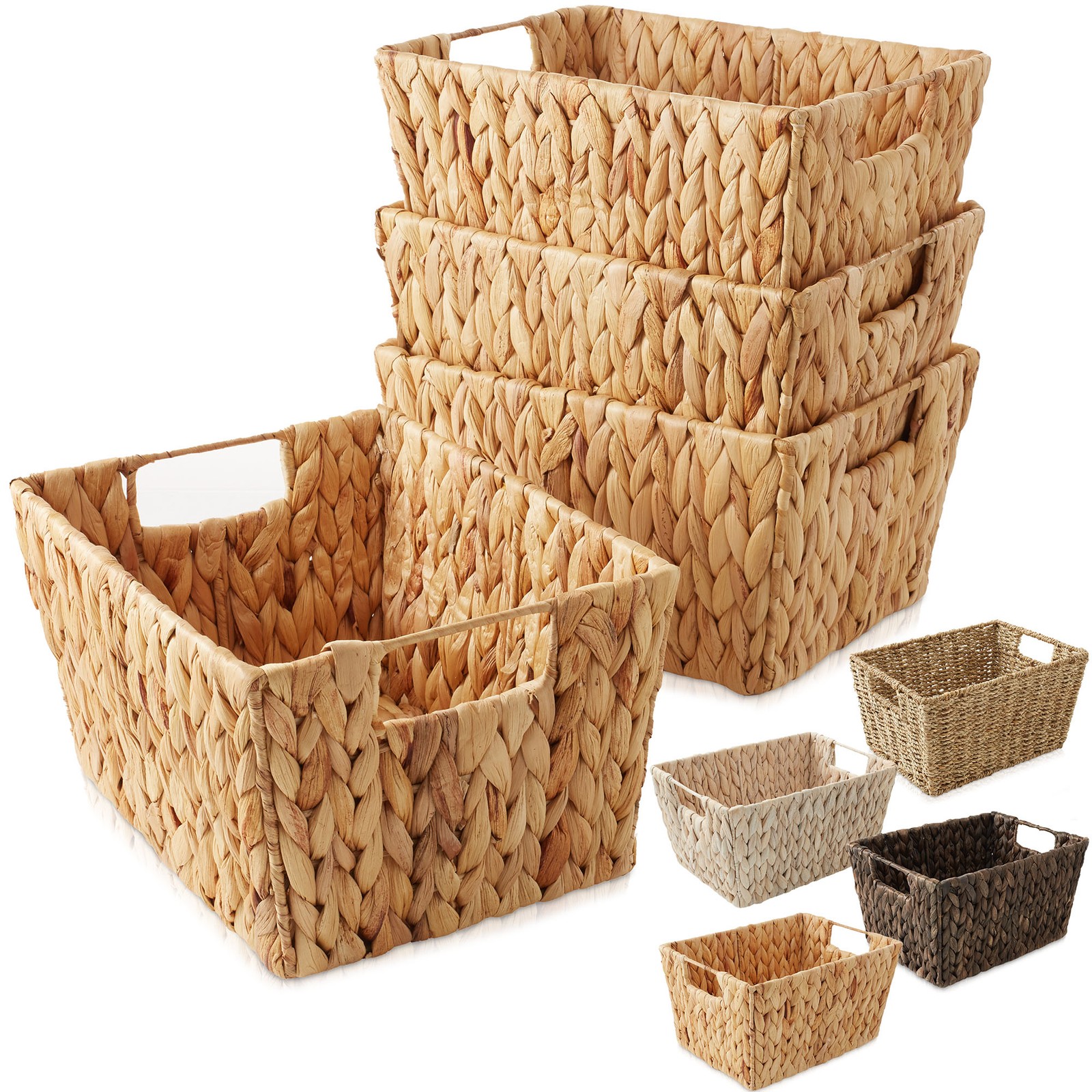 Set of 4 Storage Baskets with Handles, Wicker Seagrass Hyacinth Bins for Shelves