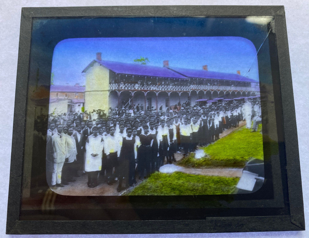 COLORED MAGIC LANTERN SLIDE SOUTH AFRICA NATIVE STUDENTS SCHOOL 1920s