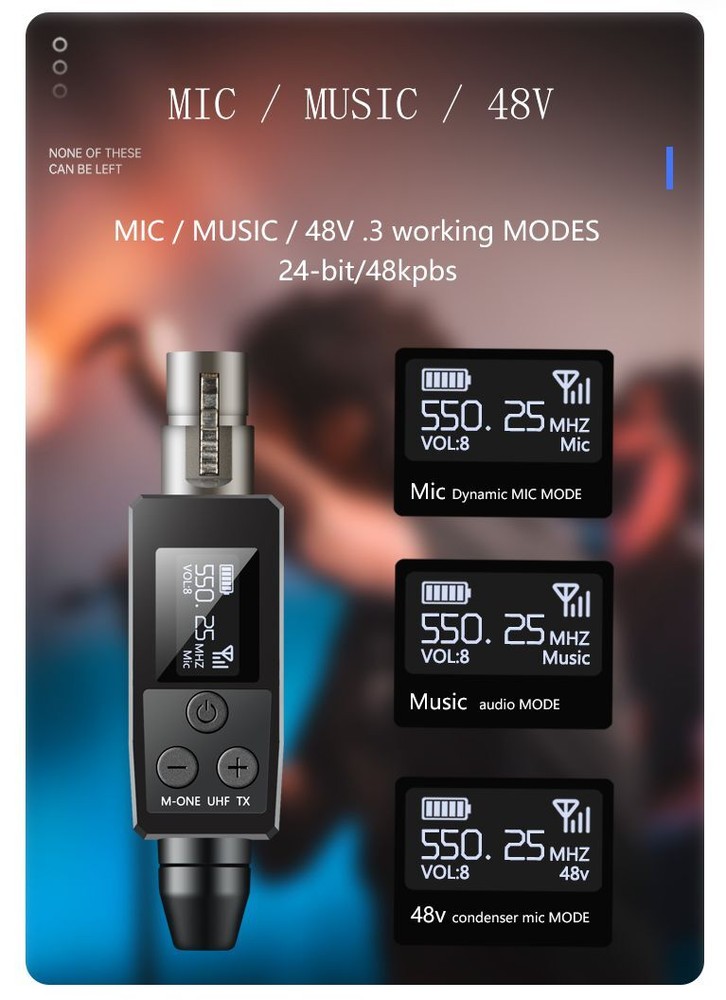 UHF Wireless XLR Transmitter and Receiver Plug-On Wireless Microphone System for