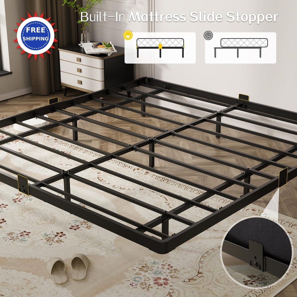 Floating Bed Frame King Size Metal Platform LED Light Charging Station OLEVS