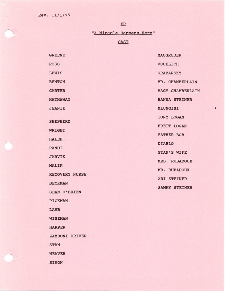 *ER - A MIRACLE HAPPENS HERE (1995) Revised First Draft Script DTD 10/29/95