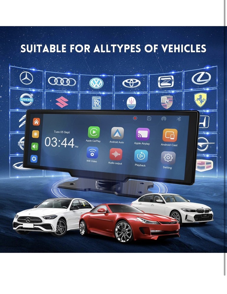 10.26" HD Wireless Android & Carplay Screen for Car, Portable Touchscreen 4K