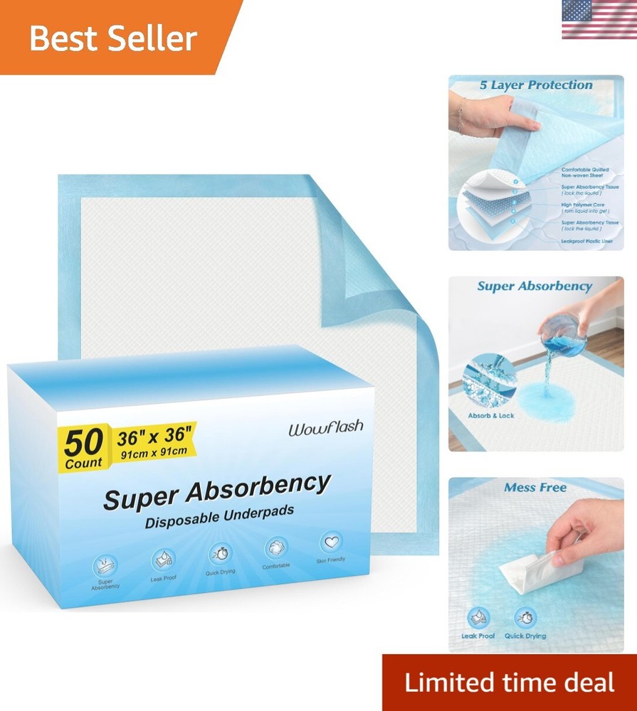 Leakproof and Quick Drying 36" x 36" Disposable Underpads - 50 Count Value Pack