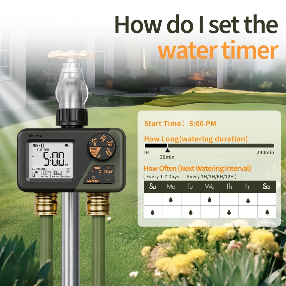 Sprinkler Timer 2 Zone, Programmable Water Hose Timer 2 Outlet for Garden, Ou...