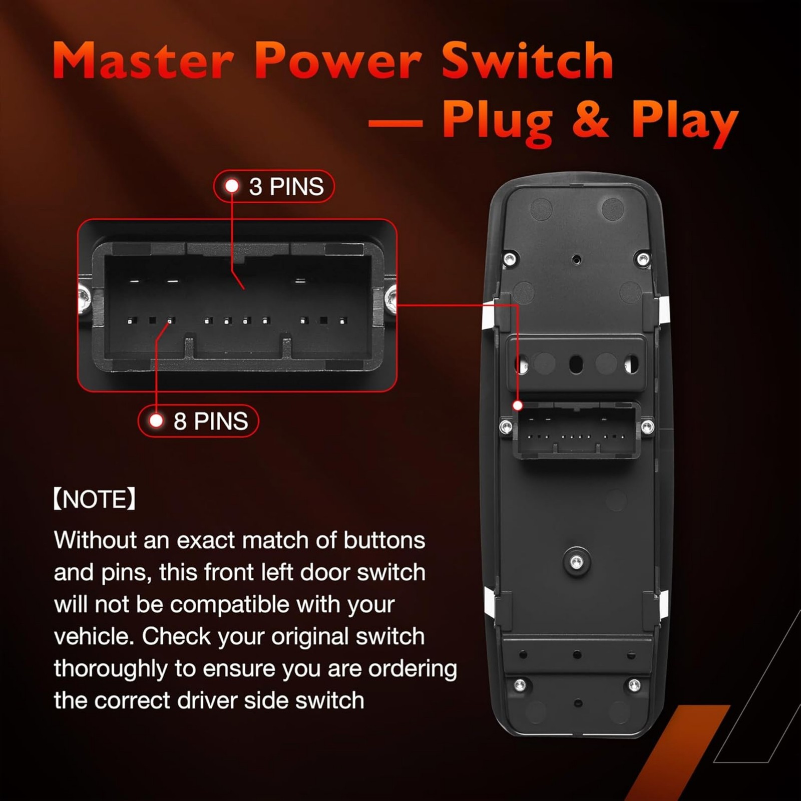 Power Window Master Switch for 2011–2019 Dodge Charger Driver Side Control