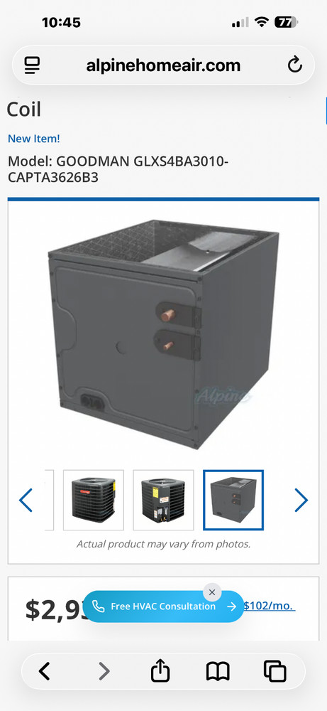 Goodman 2.5 TON Horizontal Evaporator Cased Coil, CHPTA2426B4