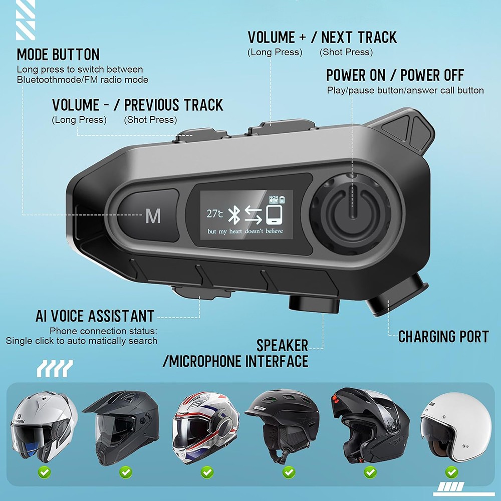 Waterproof Motorcycle Helmet Headset Wireless Bluetooth 5.3 Headphone Speaker US