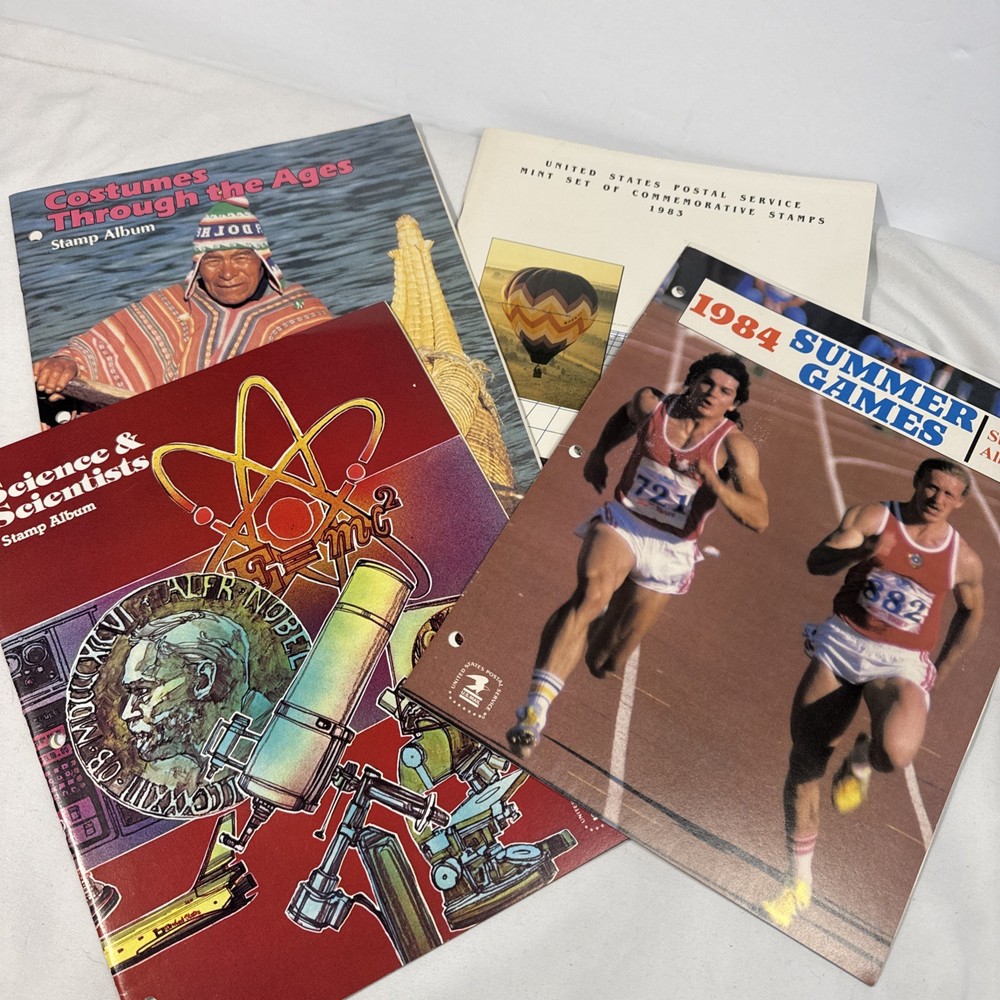 USPS Stamp Albums: ‘82 Science, ‘84 Costumes, ‘84 Olympics & ‘83 Commemoratives