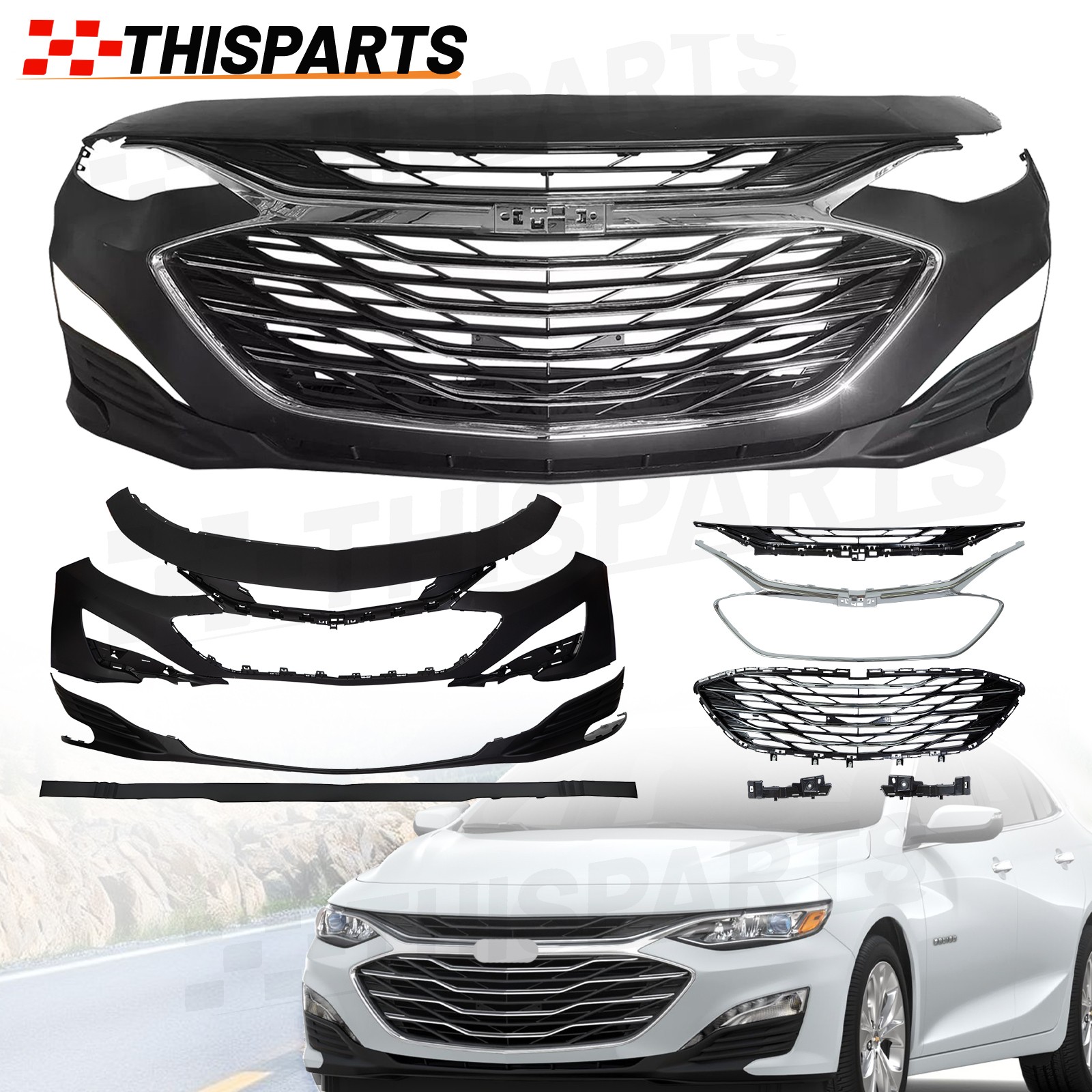 For 2019-2024 Chevy Malibu Front Bumper Cover Upper & Lower Grille Valance Set