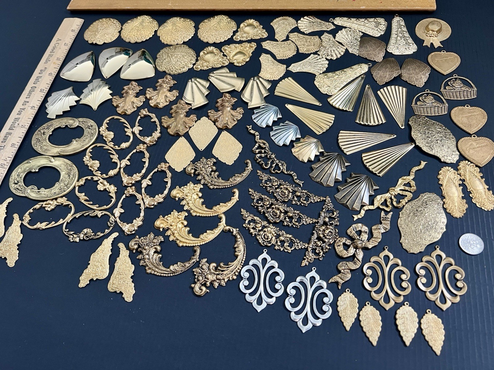 1 Lb + Vtg & New Metal Stampings Brass Gold Frames Settings Pendant Findings Lot