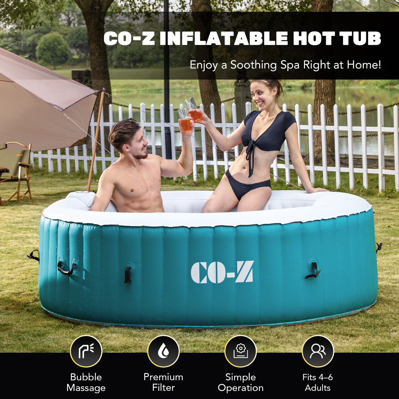CO-Z Portable Inflatable Hot Tub Spa w Cover plus 130 Air Jet 5-7 Person Outdoor