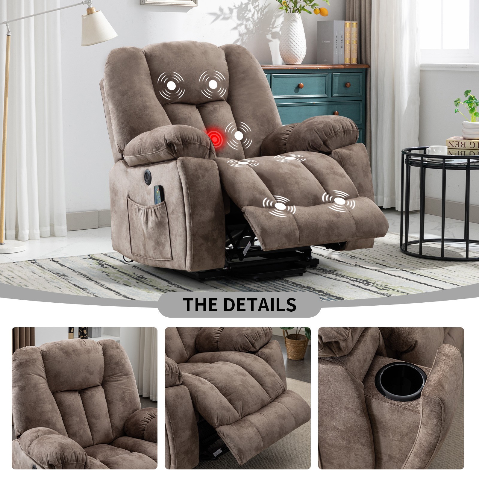 EBELLO Power Lift Recliner Chair w/ Massage & Heat for Elderly Overstuffed Wide