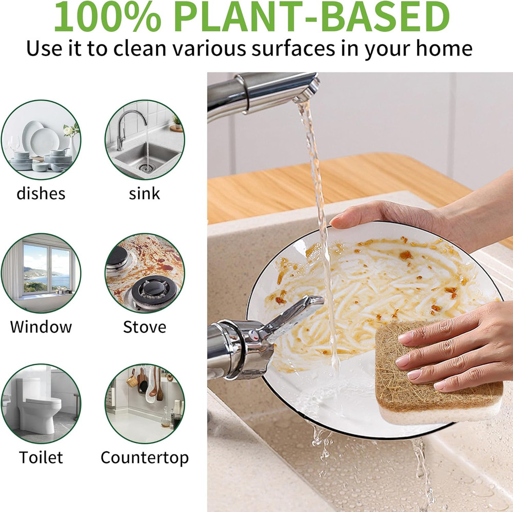 12Pack Natural Kitchen Scrub Dish Sponge with Suction Hanger Biodegradable Comp