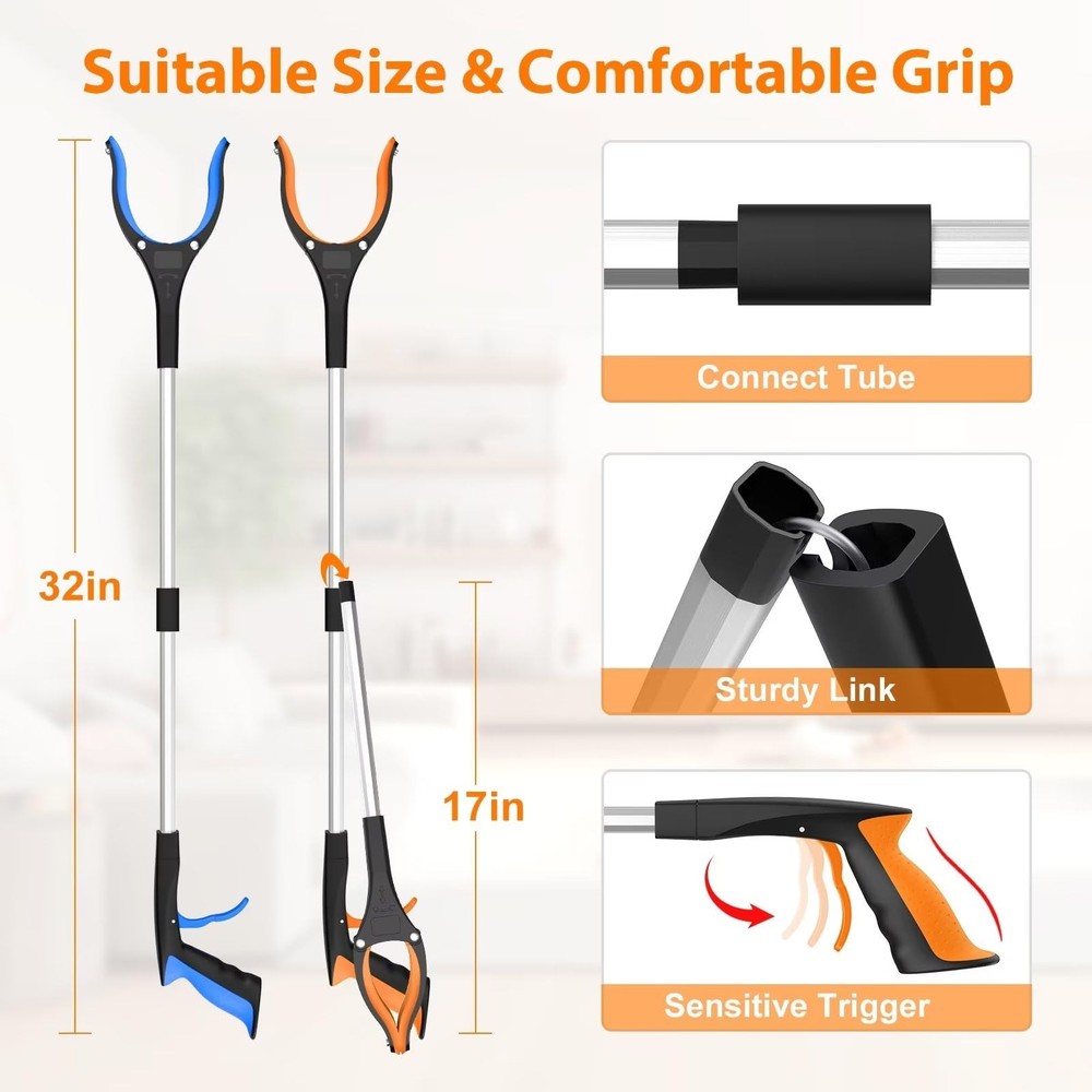 32" Foldable Grabber Tool 2-Pack, 360° Rotating Jaw, Magnet, Trash Picker Upper