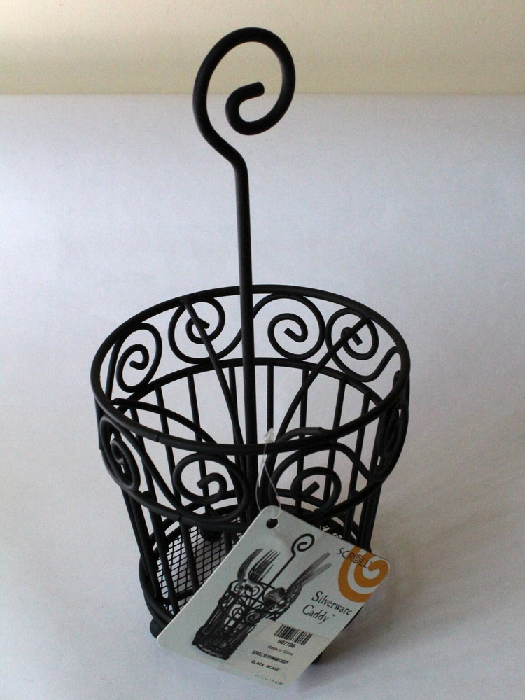 Scroll Condiment Stand Silverware Caddy Set Black Wire Basket Patio Tabletop NEW