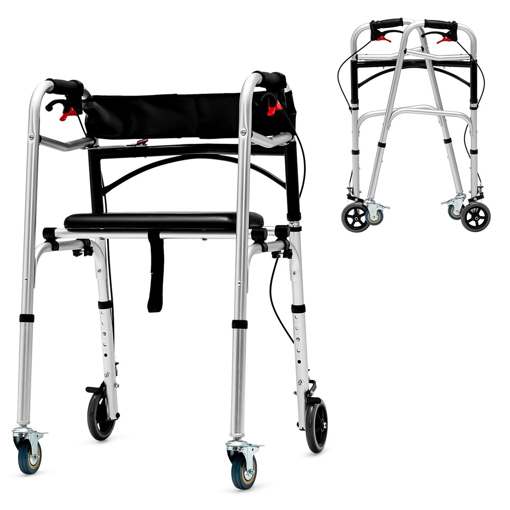 Standard Walker 2-button Folding Walker w/5" Wheels Trigger Release for Seniors