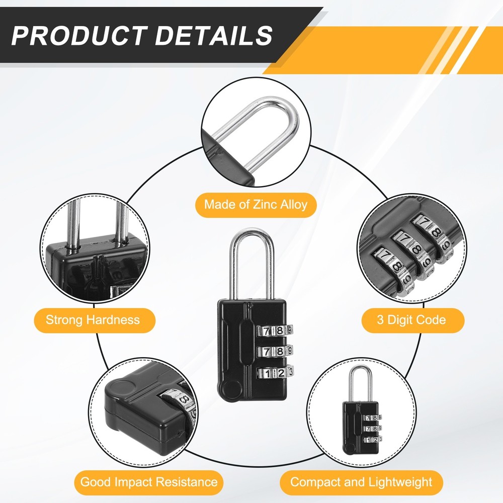 2Pcs Resettable 3 Digit Combination Lock Code Padlock, Black (56 x 24mm)